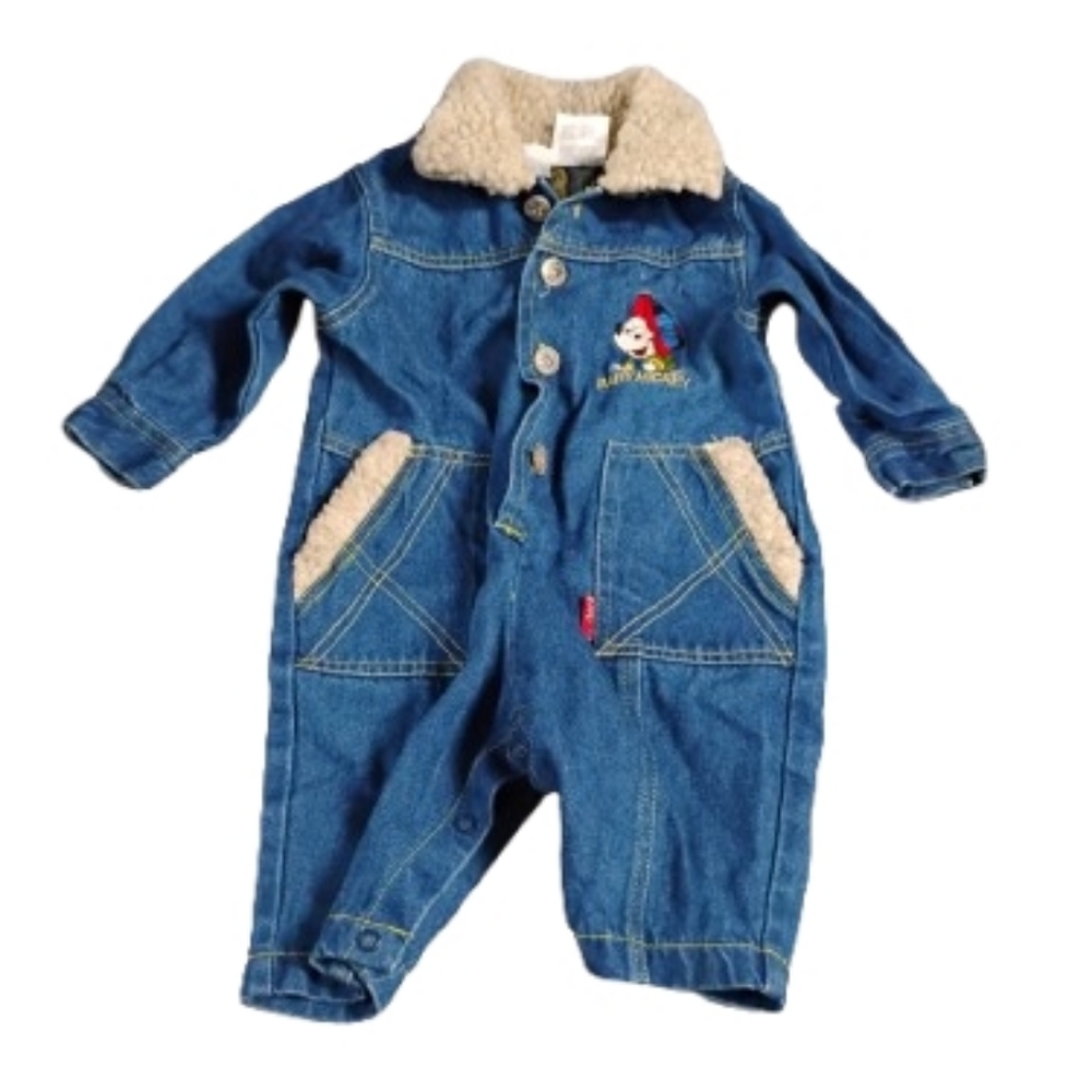 Vintage 1990s 2000s Mickey Mouse Disney Fleece Trim Denim Jumpsuit 6-9 Mos